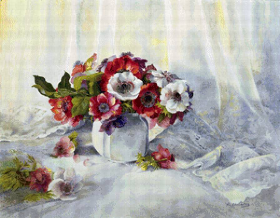 букет анемонов в вазе - букет, анемоны, акварель, цветы, нежность, ваза - предпросмотр