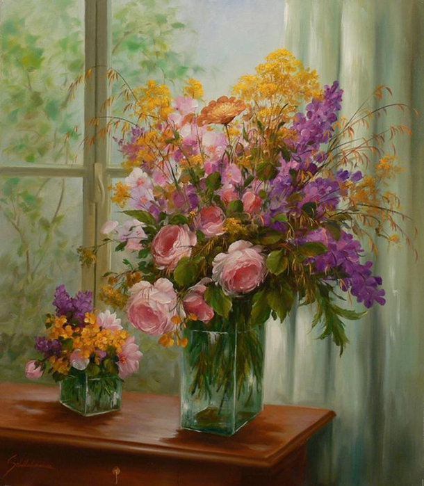 цветы в вазе у окна - букет, цветы, лето, живопись, розы, окно, ваза - оригинал