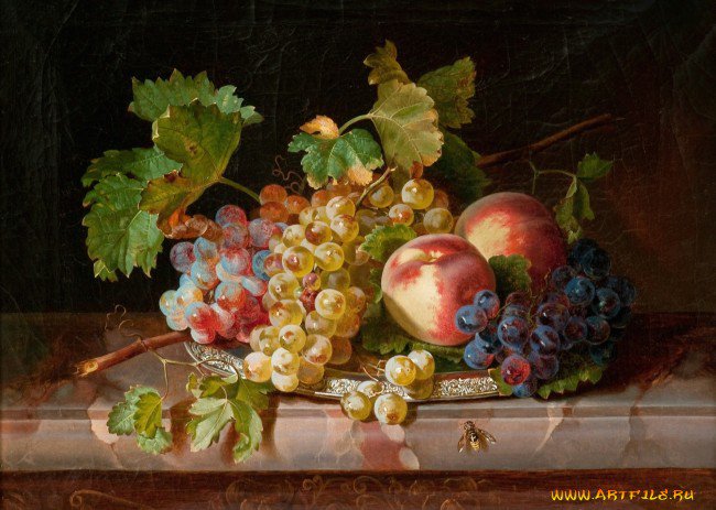 Виноград с персиками - натюрморт, фрукты - оригинал