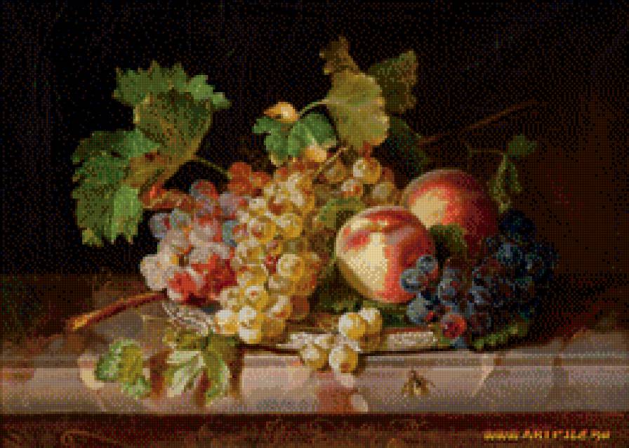 Виноград с персиками - фрукты, натюрморт - предпросмотр