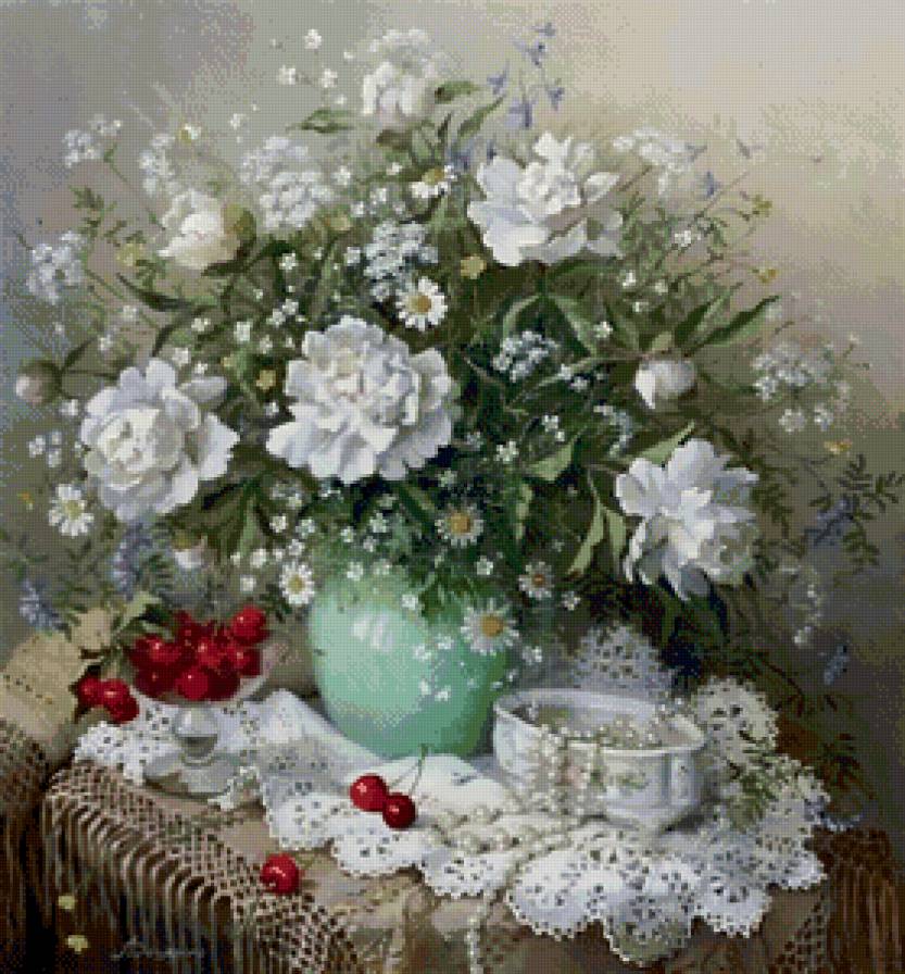 белые пионы и ромашки - живопись, нежность, букет, цветы, пионы, весна, ваза, натюрморт - предпросмотр