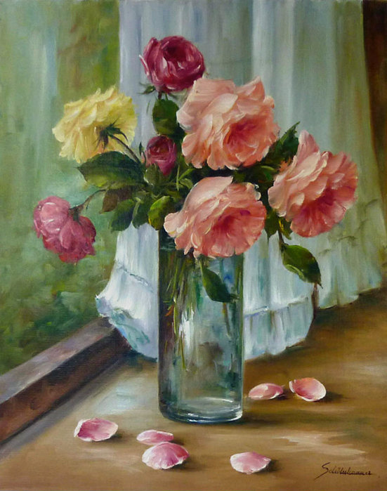 букет роз в вазе - окно, ваза, букет, живопись, розы, натюрморт, цветы - оригинал