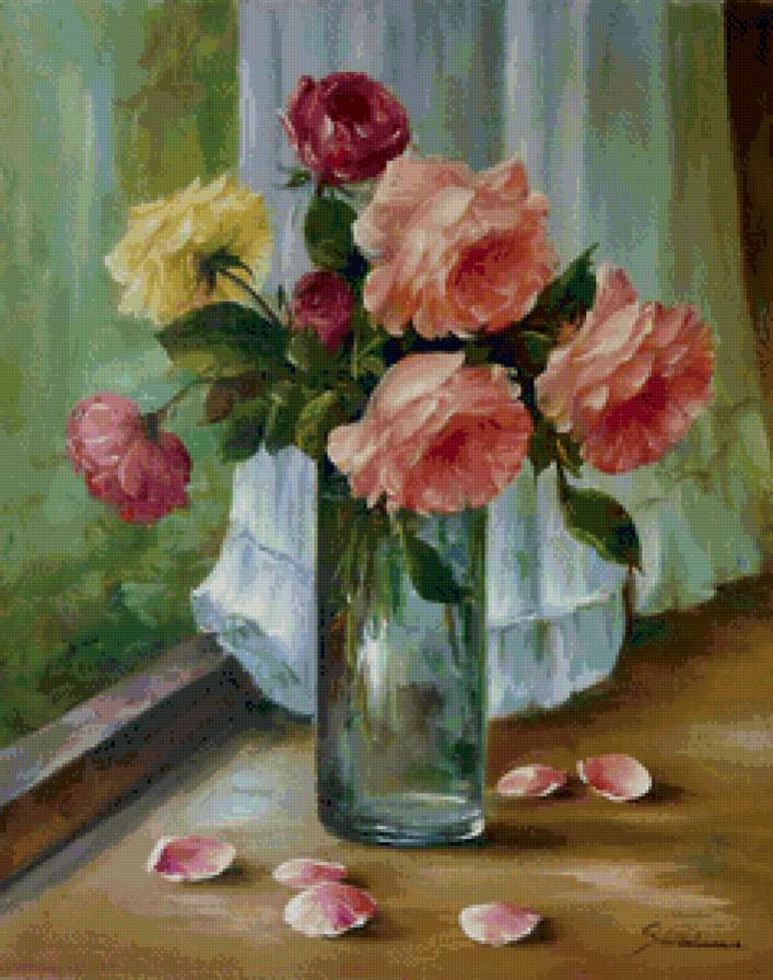 букет роз в вазе - окно, ваза, натюрморт, букет, цветы, розы, живопись - предпросмотр