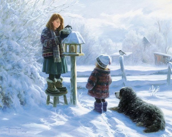 Зимнее утро - зима, ребенок, снег, утро, собака - оригинал