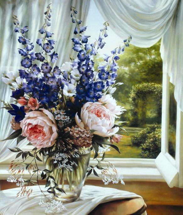 пионы и дельфиниум - цветы - оригинал