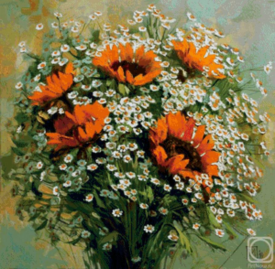 полевые цветы - цветы, лето, ромашки, живопись, букет - предпросмотр