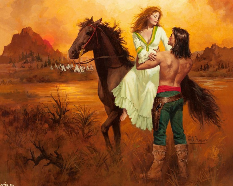 индейская пара - женщина, индейцы, закат, мужчина, лошадь, пара, страсть, любовь - оригинал