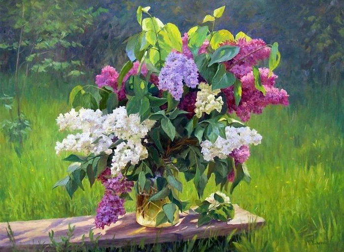 букет сирени в саду - сад, весна, сирень, живопись, натюрморт, ваза, букет, нежность - оригинал