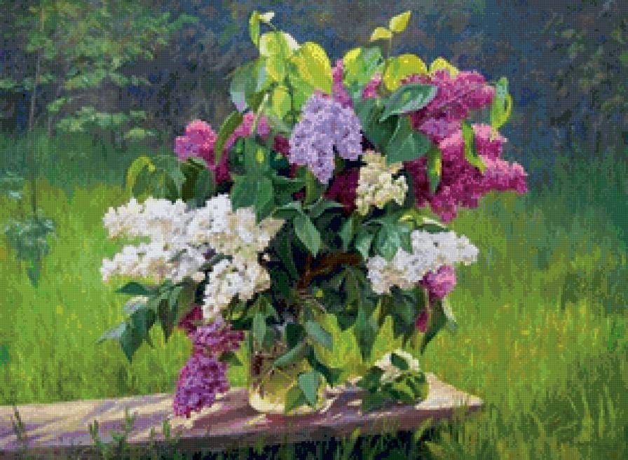 букет сирени в саду - нежность, живопись, сад, сирень, букет, натюрморт, весна, ваза - предпросмотр