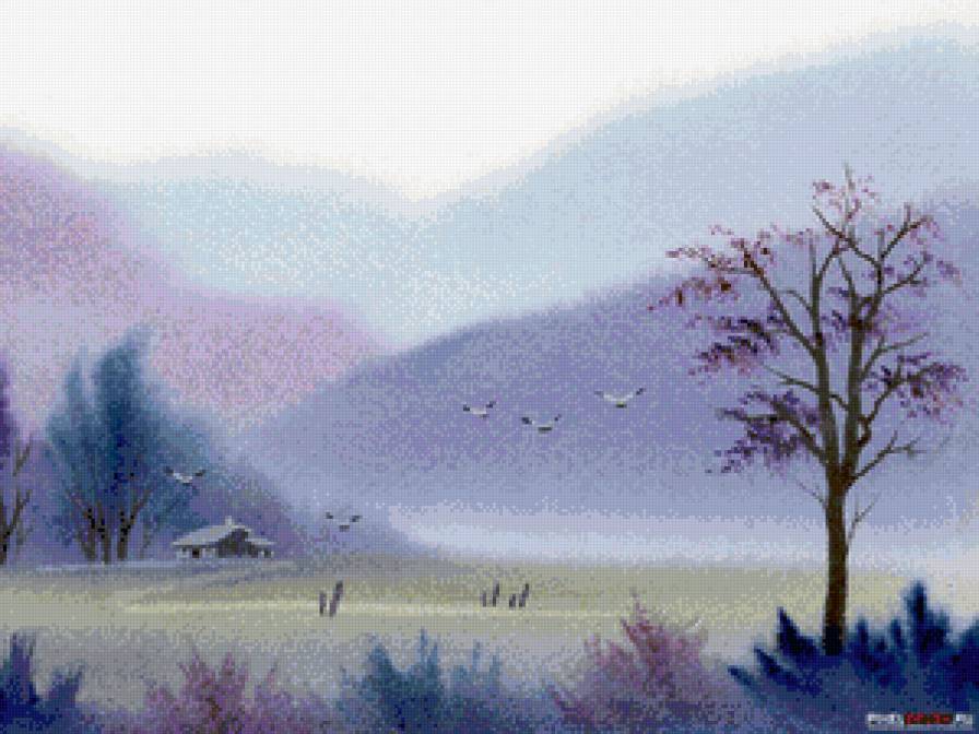 журавли в тумане (японский пейзаж) - япония, туман, журавли, природа, восток, пейзаж, акварель - предпросмотр