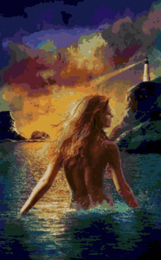 Девушка в ночном море - девушка, маяк, море - предпросмотр
