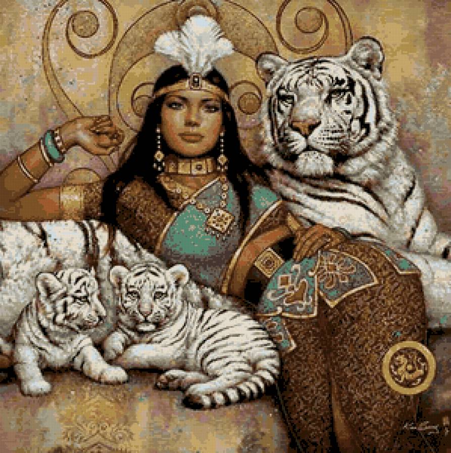 Девушка с тиграмим - дквушка, царица, тигры - предпросмотр
