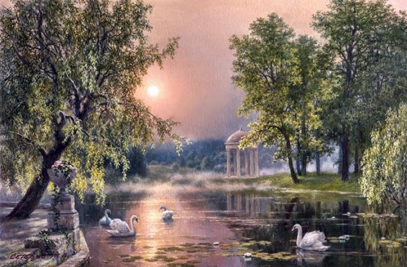 Лебединоее озеро - пруд, беседка, лебеди, озеро - оригинал