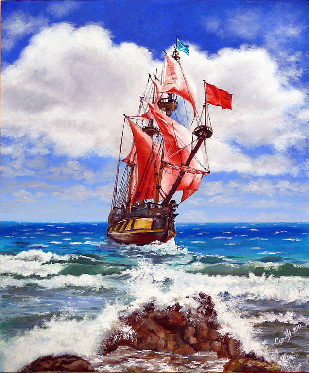 Розовые паруса. - корабль с парусами. - оригинал