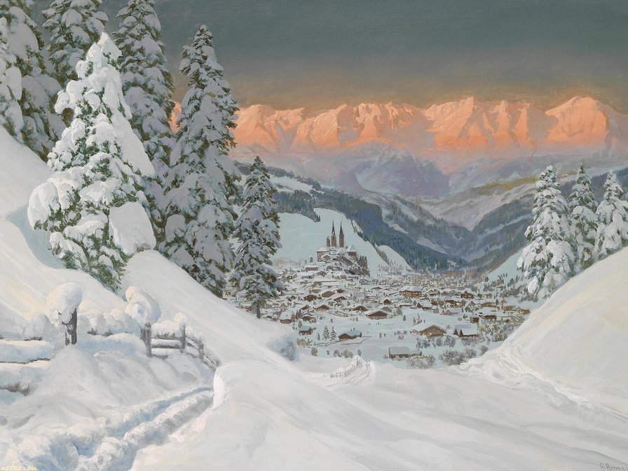 горная деревушка - зима, вечер, живопись, природа, закат, снег, альпы, горы, пейзаж - оригинал