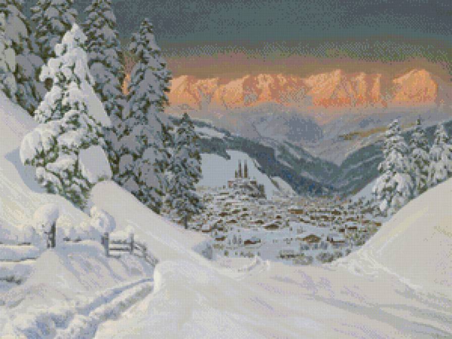 горная деревушка - вечер, снег, живопись, зима, природа, пейзаж, альпы, закат, горы - предпросмотр