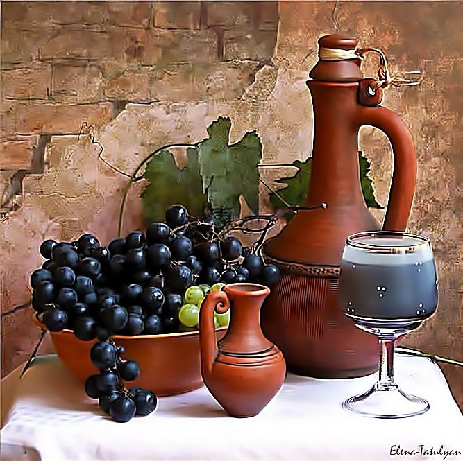 натюрморт с виноградом и кувшином - вино, кухня, фрукты, еда, виноград, натюрморт - оригинал