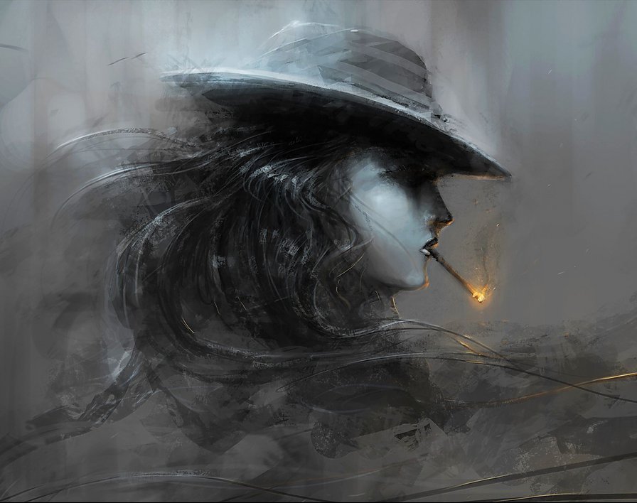 женский образ в шляпе - сигарета, девушка, шляпа, монохром, графика, женщина - оригинал