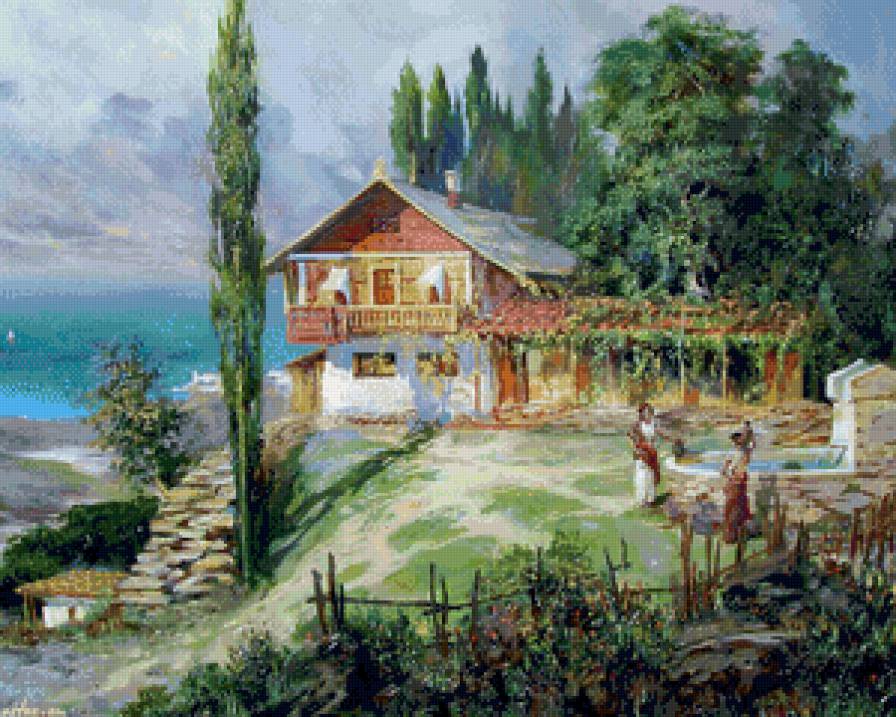 домик у моря - природа, пейзаж, мечта, сказка, сад, дом, море, живопись, уют - предпросмотр