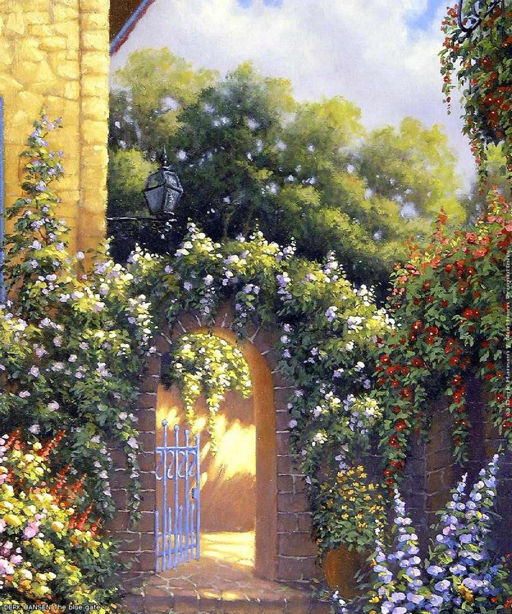 Волшебная калитка - пейзаж, стена, цветы, деревья, двор - оригинал