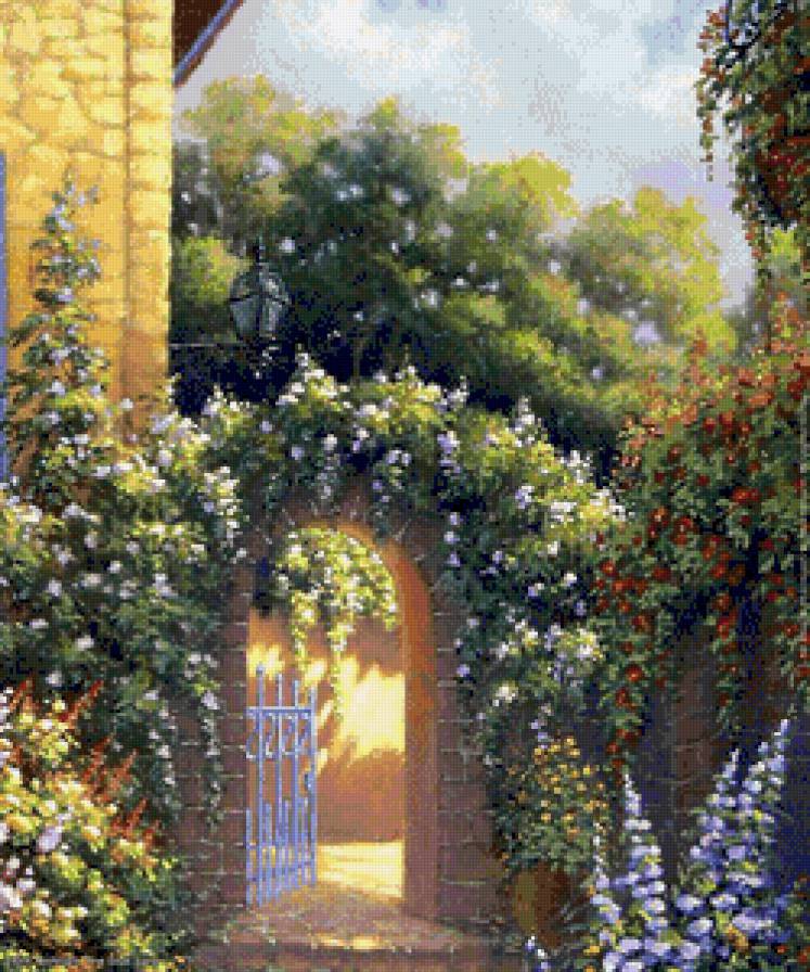 Волшебная калитка - стена, пейзаж, цветы, двор, деревья - предпросмотр