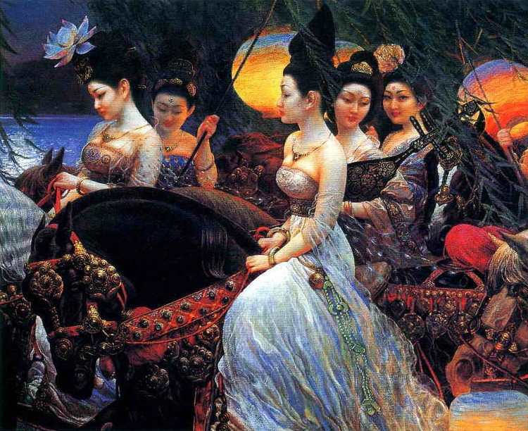 Китайская принцесса с сопровождением. Художник Ван Кэвэй - кони, ван кэвэй, принцесса, художник, китай - оригинал