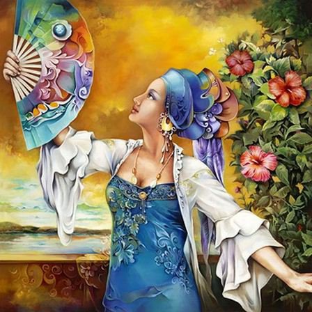 Орестес - веер, девушка, батик - оригинал