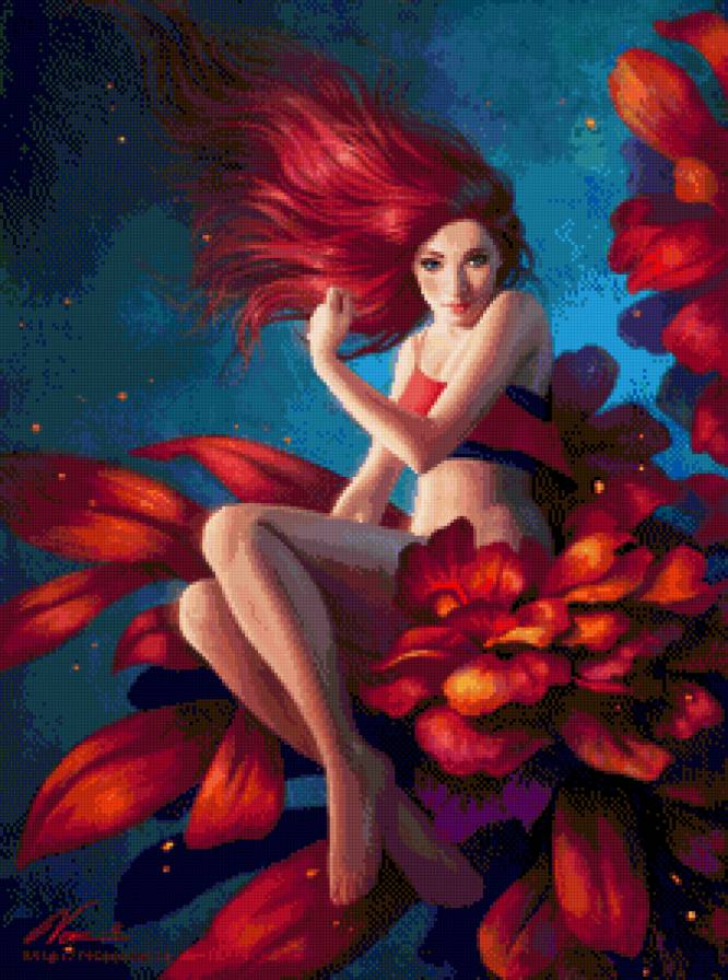 Цветочная фея - рыжая, фэнтези, цветы, волшебная, девушка - предпросмотр