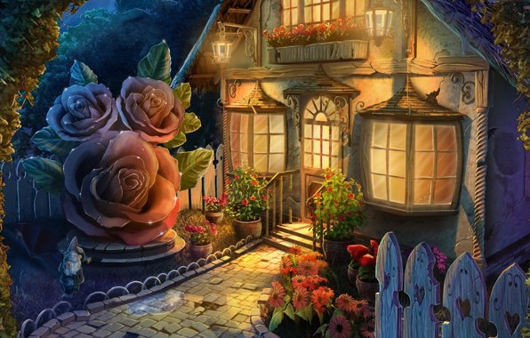 Розовый домик - пейзаж, дом, фэнтези, роза, цветы, домик - оригинал