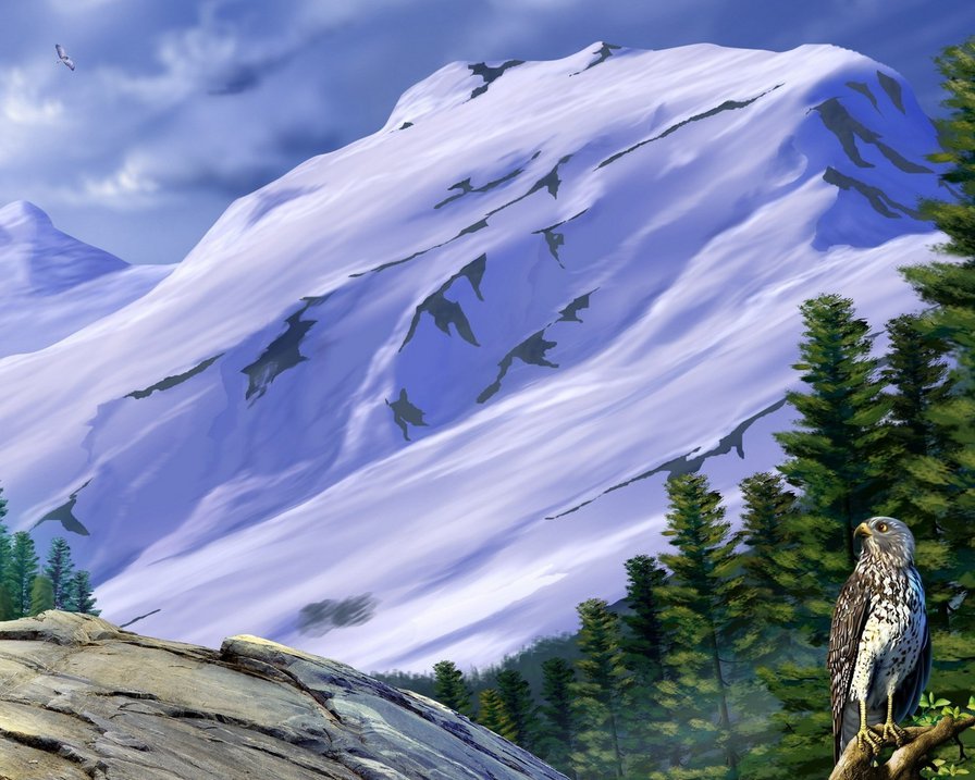 в горах - снег, лес, природа, орел, горы - оригинал