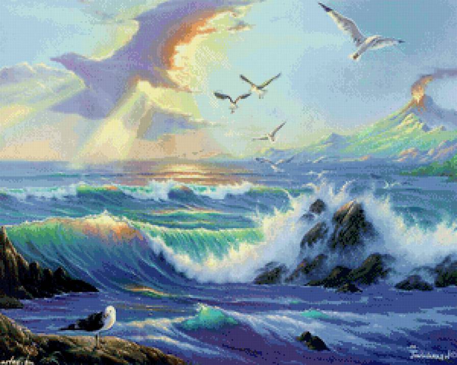 морской пейзаж - прибой, живопись, пейзаж, волны, чайки, море, берег, вечер - предпросмотр