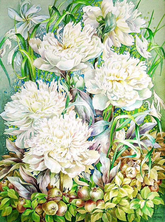белые пионы - панно, цветы, весна, нежность, живопись, букет, пионы - оригинал