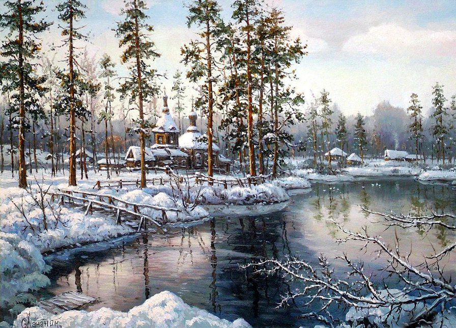 зимний деревенский пейзаж с церковью - живопись, церковь, мороз, снег, деревня, зима, природа, пейзаж - оригинал