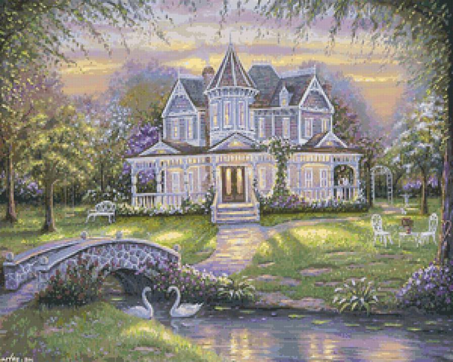 дом мечты - природа, река, мост, дом, сад, мечта, лебеди, живопись, пейзаж - предпросмотр