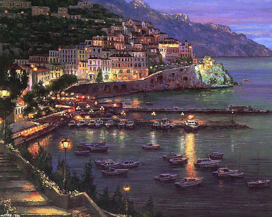 ночной город у моря - горы, живопись, пейзаж, город, юг, ночь, лето, лодки, море - оригинал