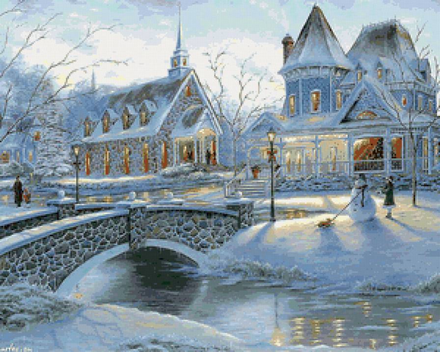 перед рождеством - рождество, праздник, река, вечер, церковь, снег, снеговик, мост - предпросмотр