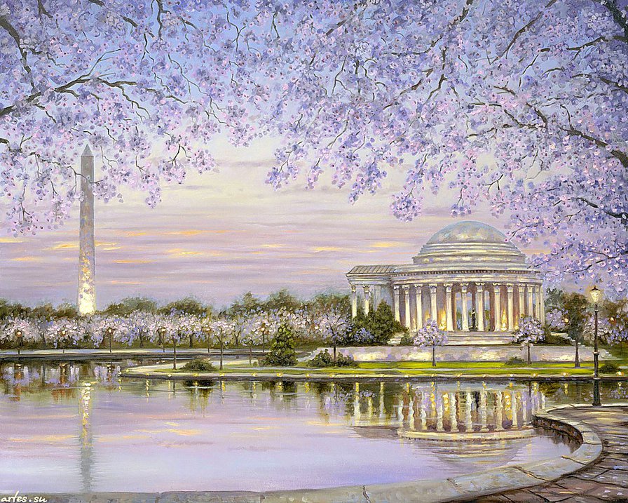 весна в вашингтоне - вишня, весна, озеро, обелиск, вашингтон, америка, пейзаж - оригинал
