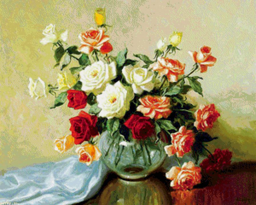 розы в стеклянной вазе - нежность, живопись, розы, букет, натюрморт, ваза, цветы - предпросмотр