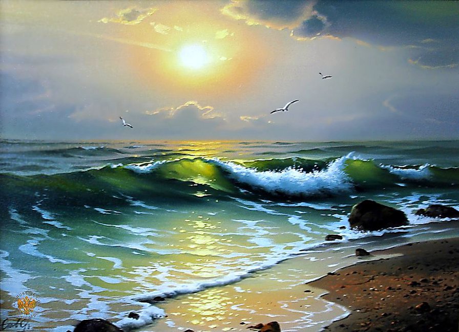 морской прибой - небо, живопись, волны, чайки, прибой, закат, облака, море - оригинал