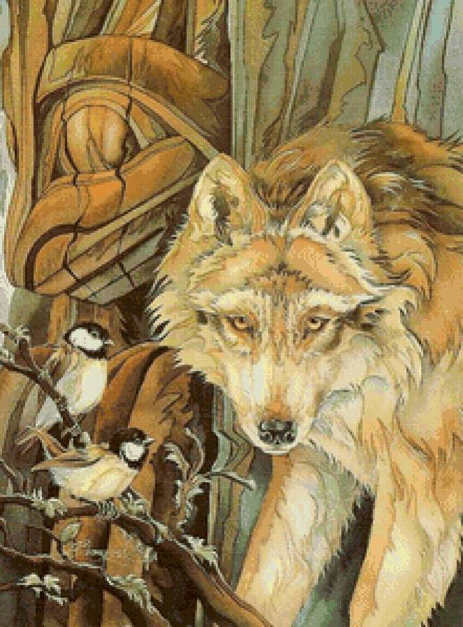 Волк - вожак, наскальное изображение, птицы, волк, лидер - предпросмотр