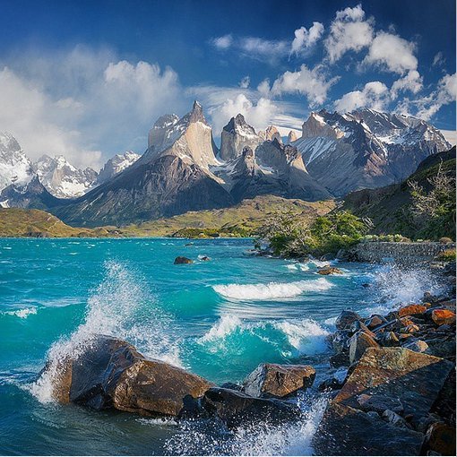 Торрес-дель-Пайне - облака, пейзаж, природа, озеро, горы, волны, ветер, небо, вода - оригинал