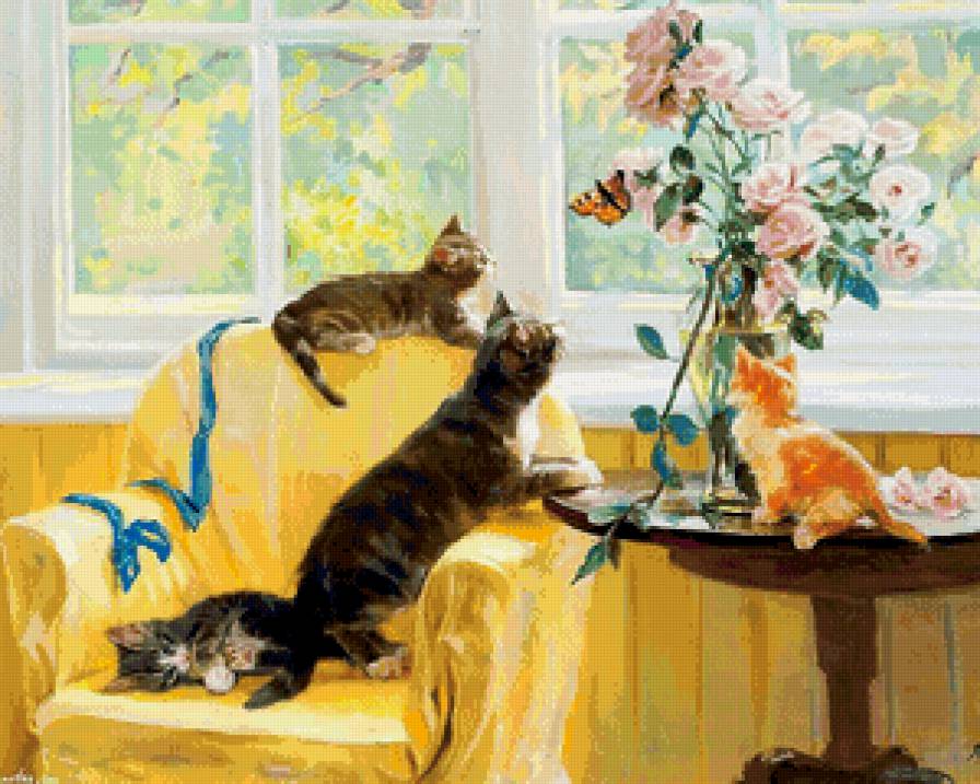 коты шалуны - бабочка, коты, цветы, кошка, игра, окно, шалость, живопись - предпросмотр