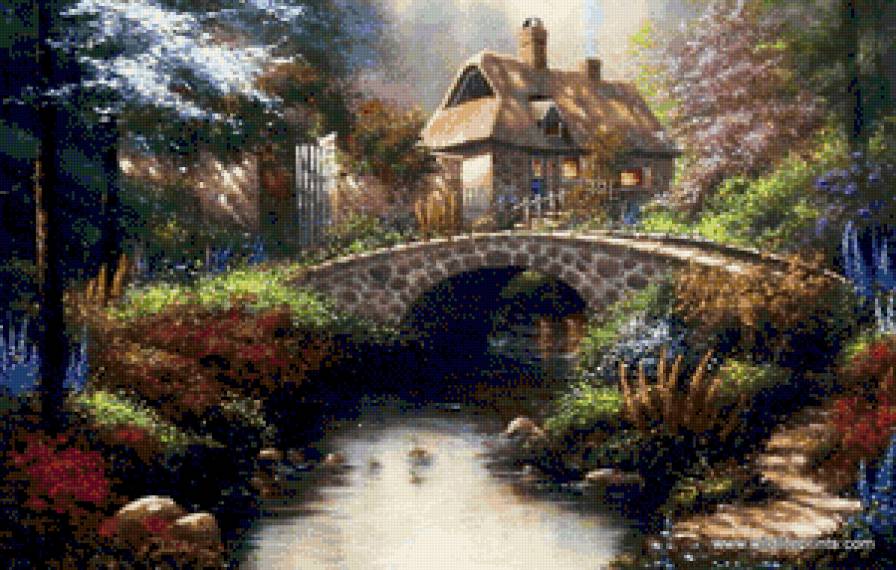 Домик в лесу - мостик, сказка, деревья, река, мост, лес, поляна, дом - предпросмотр