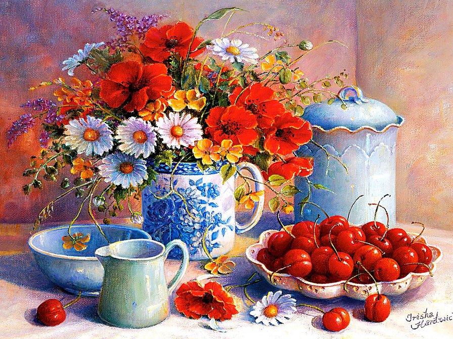 натюрморт с цветами и вишней - кухня, вишня, маки, ромашки, цветы, букет, натюрморт - оригинал
