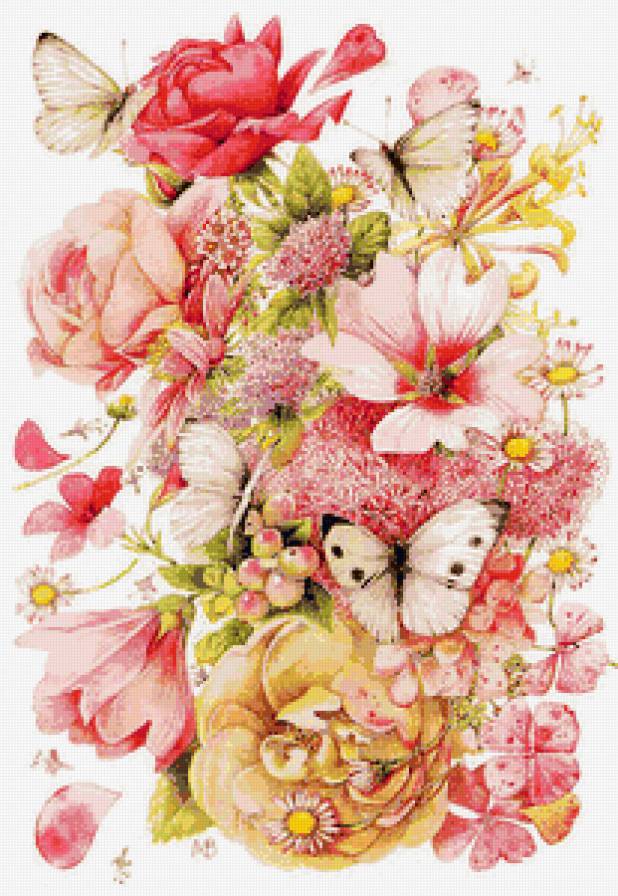 цветы и бабочки - цветы, бабочки, букет, картина, розы, ромашки - предпросмотр