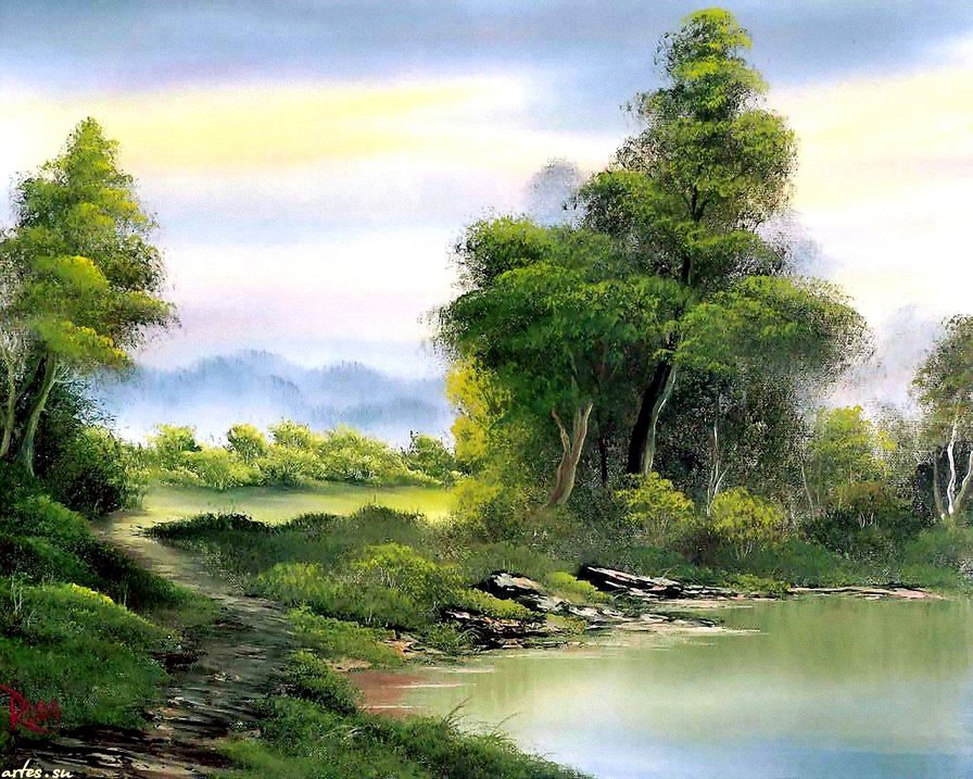 летний пейзаж - пейзаж, озеро, лес, живопись, лето, река, утро, природа, дерево - оригинал