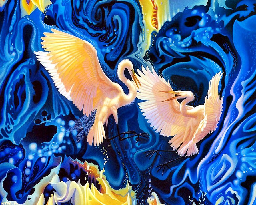 панно с парой журавлей - панно, картина, птицы, журавли, пара - оригинал