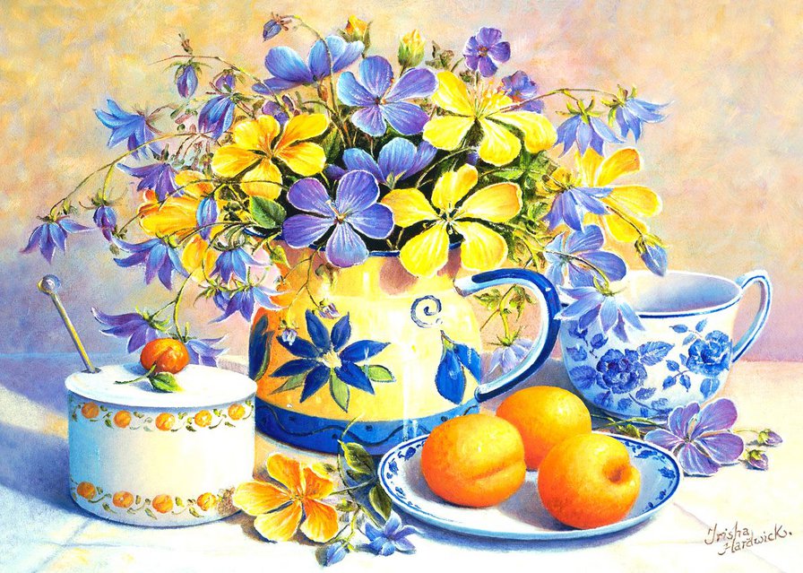 клематисы и персики - натюрморт, сервиз, ваза, фрукты, персик, кухня, клематис, цветы - оригинал