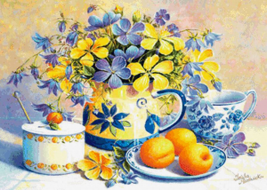 клематисы и персики - персик, кухня, цветы, сервиз, клематис, ваза, натюрморт, фрукты - предпросмотр
