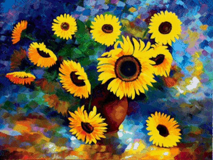 подсолнухи - подсолнухи, ваза, лето, натюрморт, букет, цветы, краски - предпросмотр